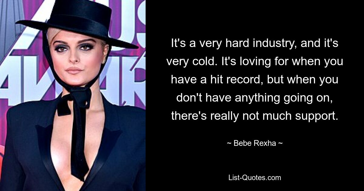 It's a very hard industry, and it's very cold. It's loving for when you have a hit record, but when you don't have anything going on, there's really not much support. — © Bebe Rexha