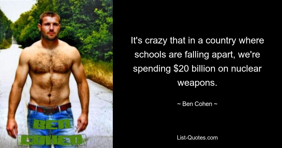 It's crazy that in a country where schools are falling apart, we're spending $20 billion on nuclear weapons. — © Ben Cohen