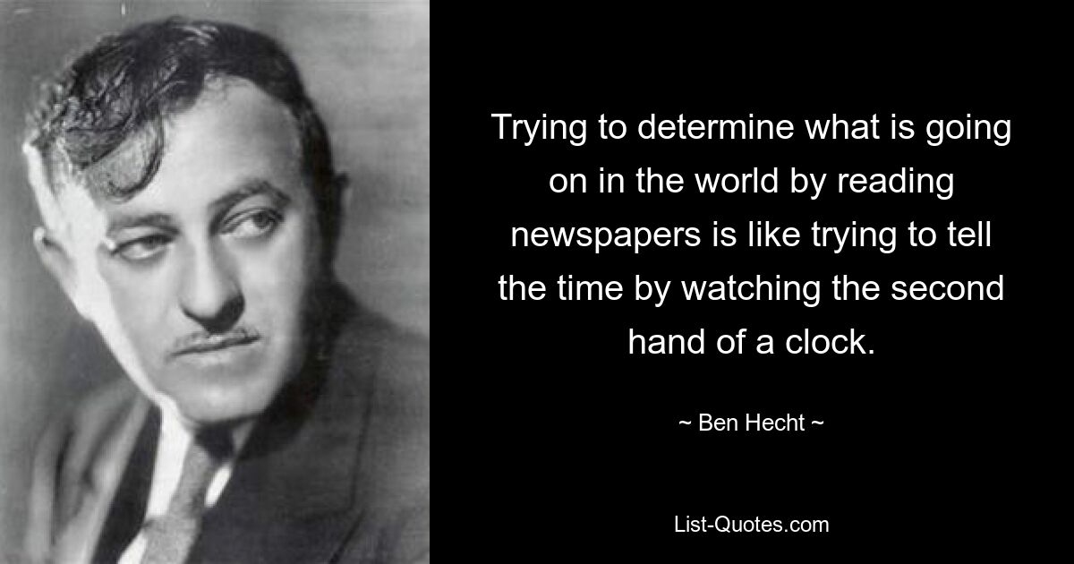 Trying to determine what is going on in the world by reading newspapers is like trying to tell the time by watching the second hand of a clock. — © Ben Hecht