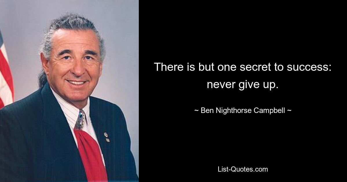 There is but one secret to success: never give up. — © Ben Nighthorse Campbell