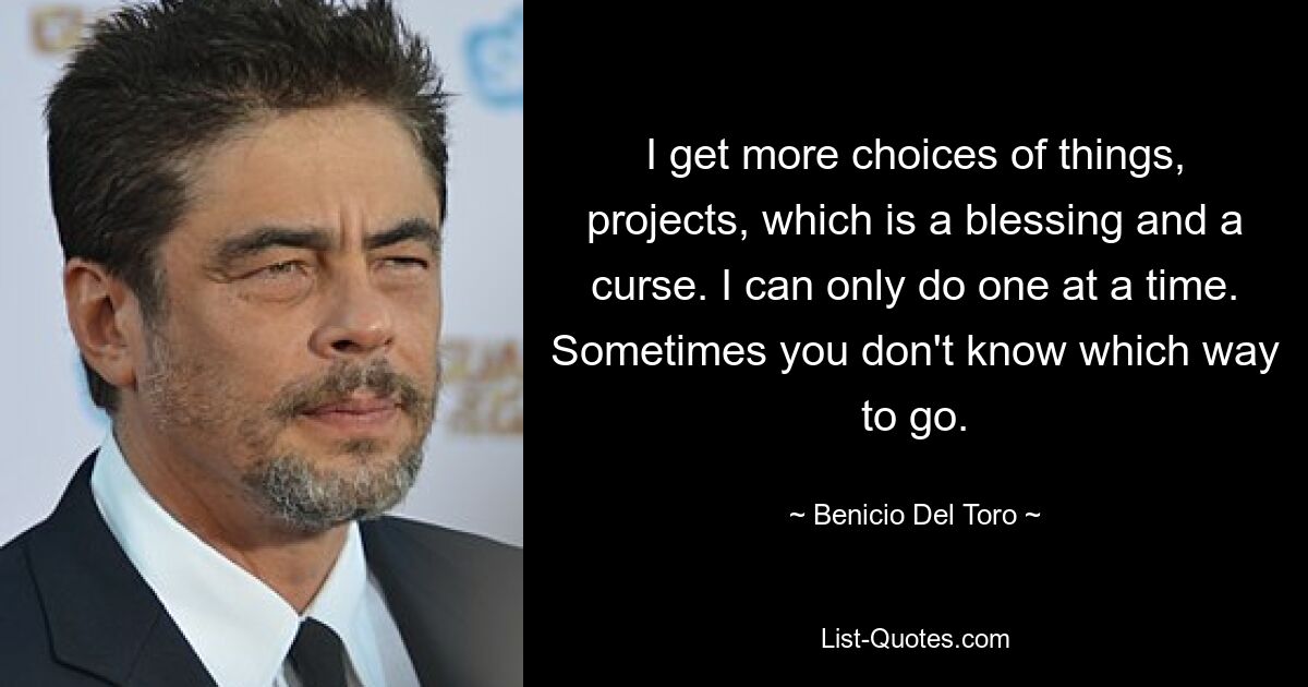 I get more choices of things, projects, which is a blessing and a curse. I can only do one at a time. Sometimes you don't know which way to go. — © Benicio Del Toro