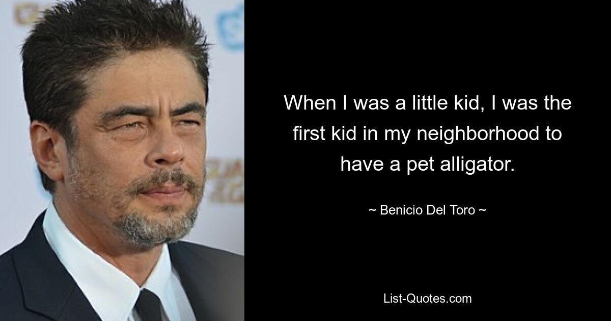 When I was a little kid, I was the first kid in my neighborhood to have a pet alligator. — © Benicio Del Toro