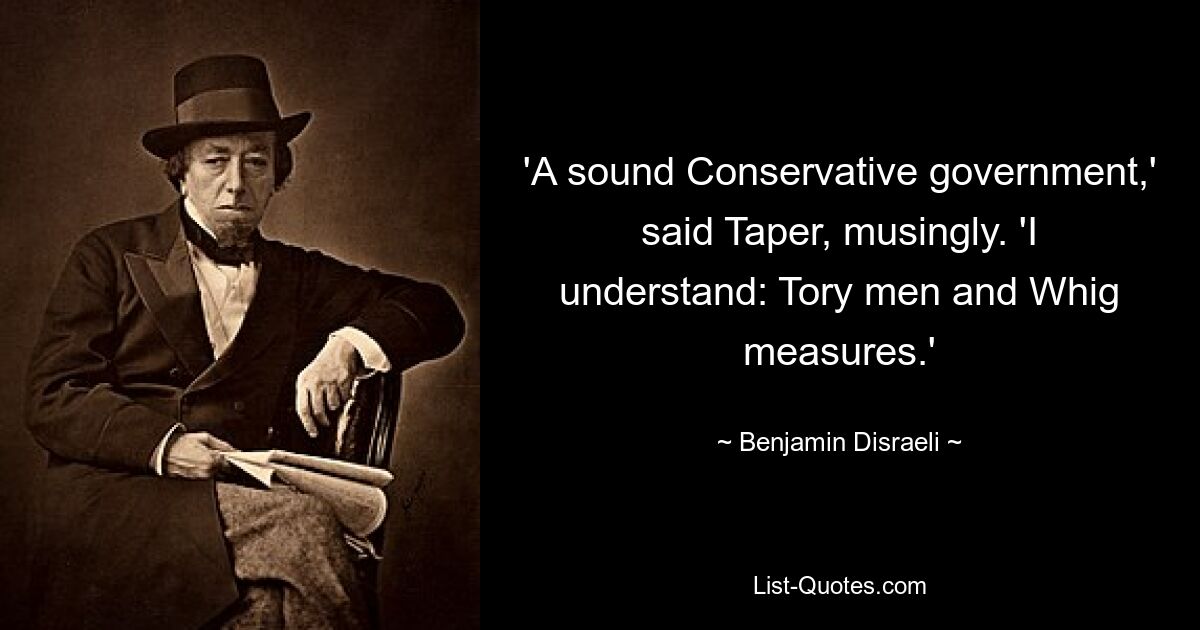 'A sound Conservative government,' said Taper, musingly. 'I understand: Tory men and Whig measures.' — © Benjamin Disraeli