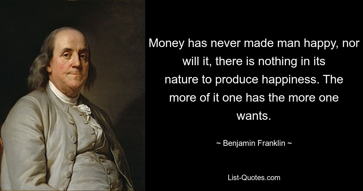 Money has never made man happy, nor will it, there is nothing in its nature to produce happiness. The more of it one has the more one wants. — © Benjamin Franklin