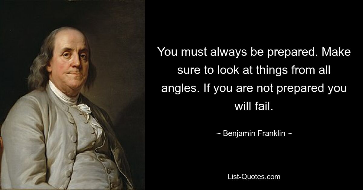 You must always be prepared. Make sure to look at things from all angles. If you are not prepared you will fail. — © Benjamin Franklin