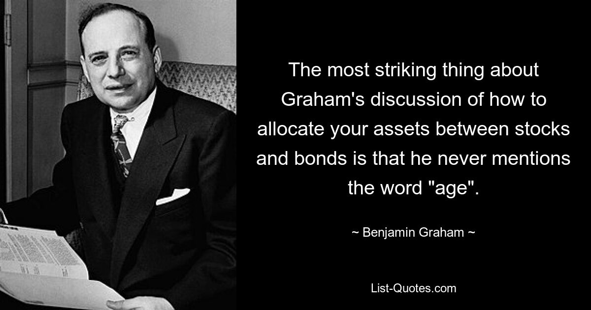 The most striking thing about Graham's discussion of how to allocate your assets between stocks and bonds is that he never mentions the word "age". — © Benjamin Graham