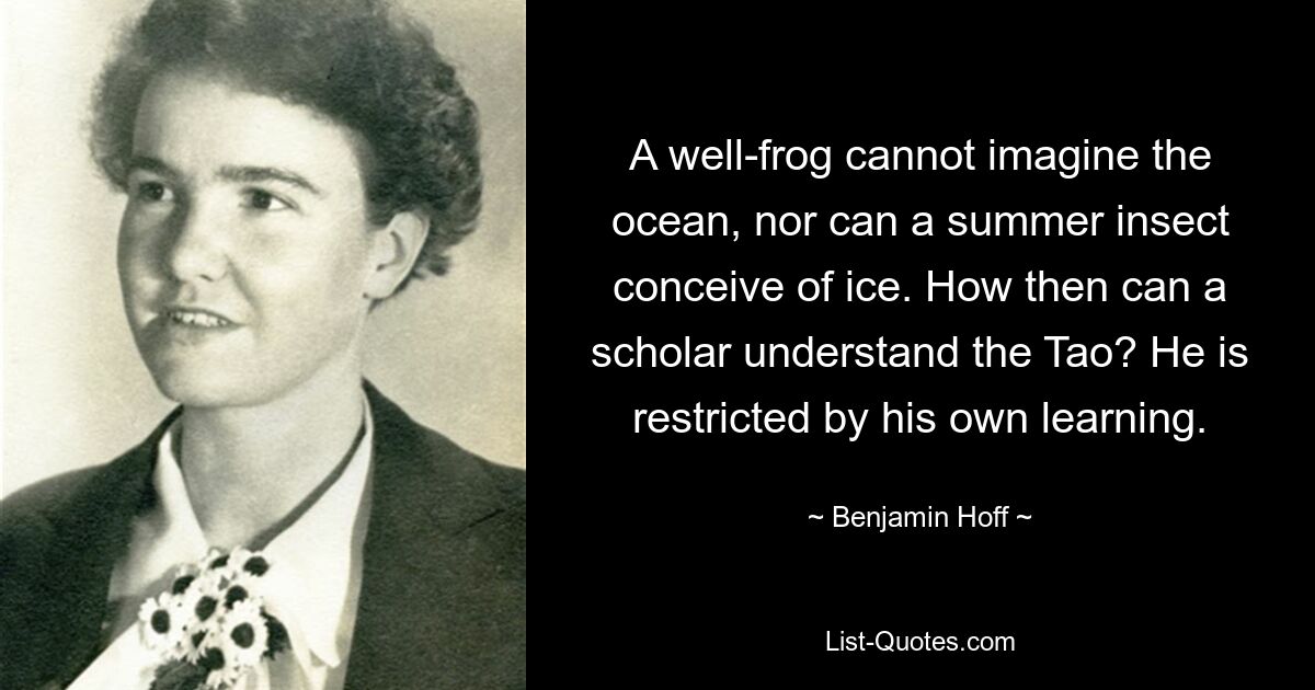 A well-frog cannot imagine the ocean, nor can a summer insect conceive of ice. How then can a scholar understand the Tao? He is restricted by his own learning. — © Benjamin Hoff