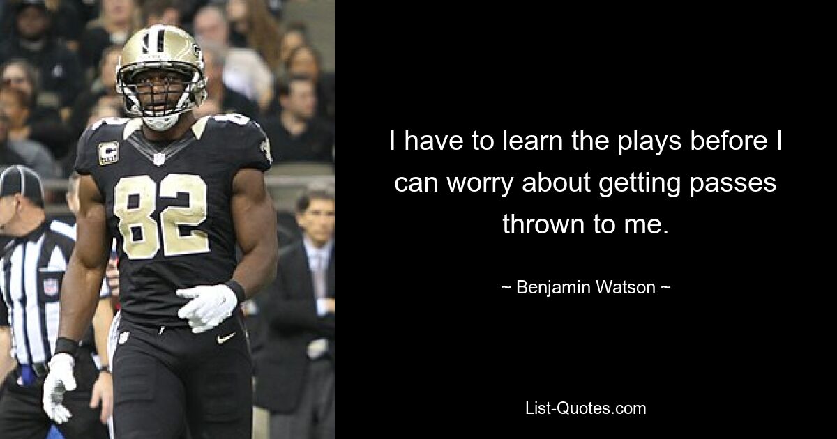 I have to learn the plays before I can worry about getting passes thrown to me. — © Benjamin Watson