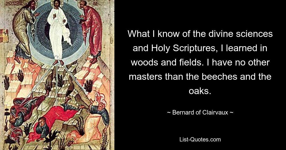 What I know of the divine sciences and Holy Scriptures, I learned in woods and fields. I have no other masters than the beeches and the oaks. — © Bernard of Clairvaux