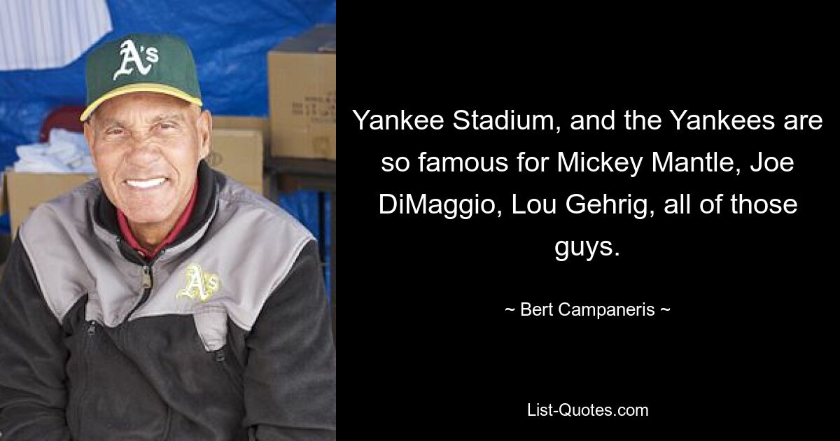 Yankee Stadium, and the Yankees are so famous for Mickey Mantle, Joe DiMaggio, Lou Gehrig, all of those guys. — © Bert Campaneris