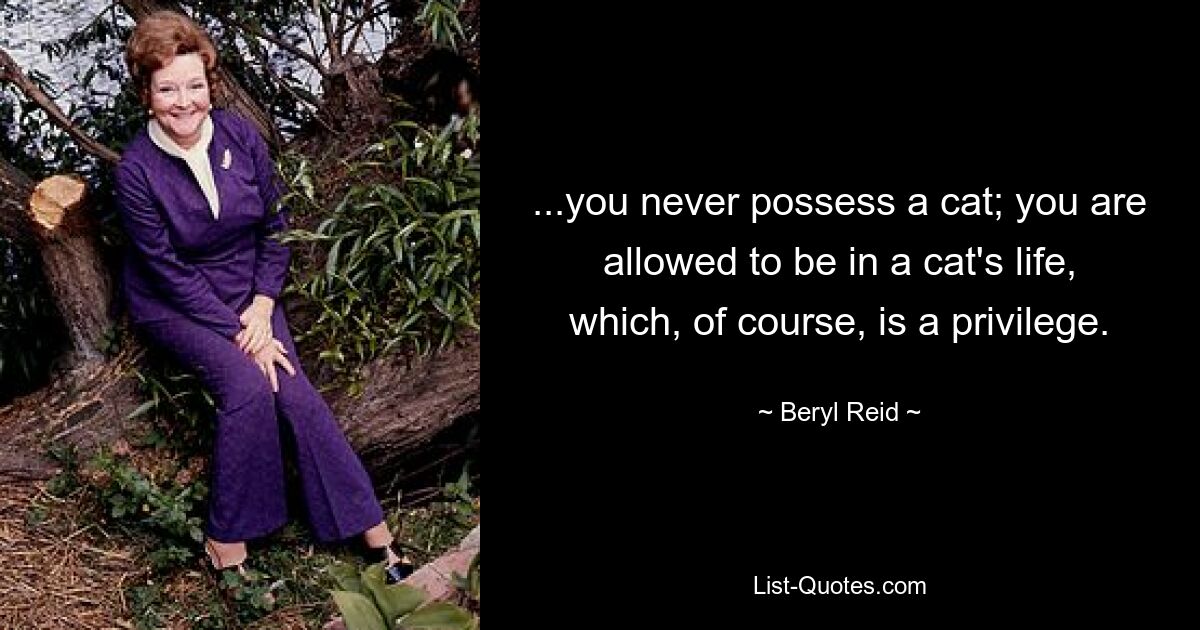 ...you never possess a cat; you are allowed to be in a cat's life, which, of course, is a privilege. — © Beryl Reid