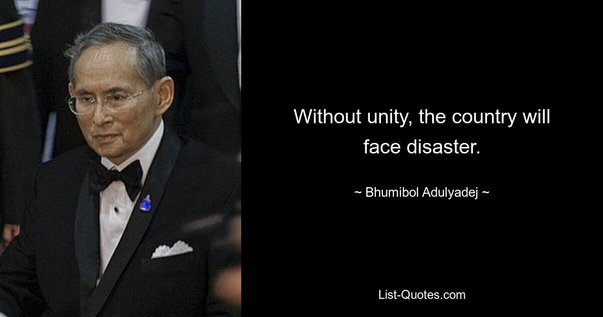 Without unity, the country will face disaster. — © Bhumibol Adulyadej