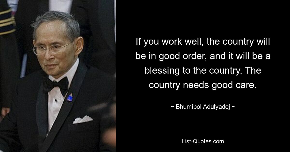 If you work well, the country will be in good order, and it will be a blessing to the country. The country needs good care. — © Bhumibol Adulyadej