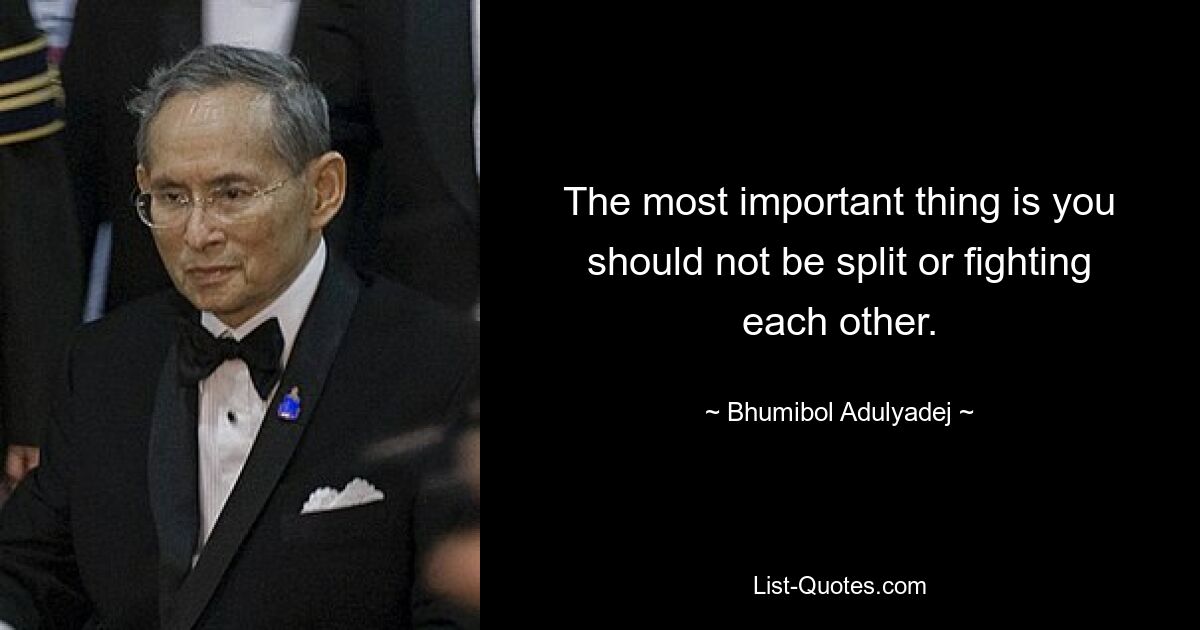 The most important thing is you should not be split or fighting each other. — © Bhumibol Adulyadej