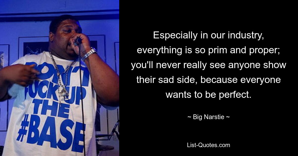 Especially in our industry, everything is so prim and proper; you'll never really see anyone show their sad side, because everyone wants to be perfect. — © Big Narstie