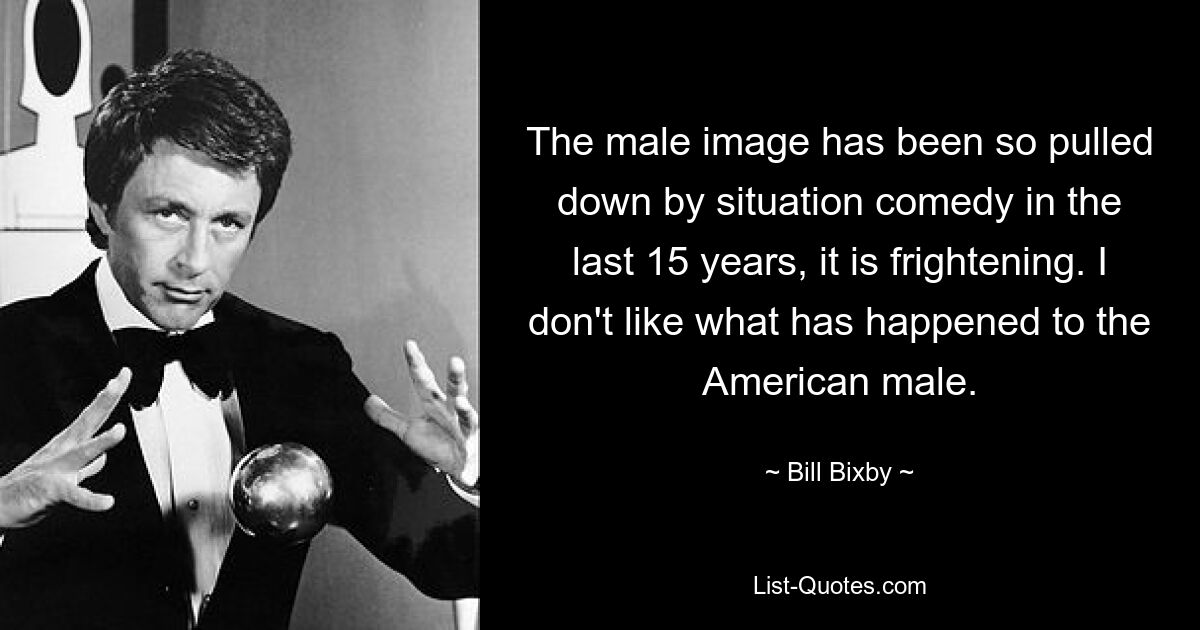 The male image has been so pulled down by situation comedy in the last 15 years, it is frightening. I don't like what has happened to the American male. — © Bill Bixby