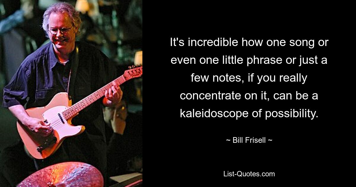 It's incredible how one song or even one little phrase or just a few notes, if you really concentrate on it, can be a kaleidoscope of possibility. — © Bill Frisell