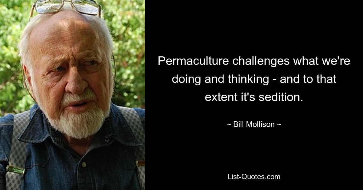 Permaculture challenges what we're doing and thinking - and to that extent it's sedition. — © Bill Mollison