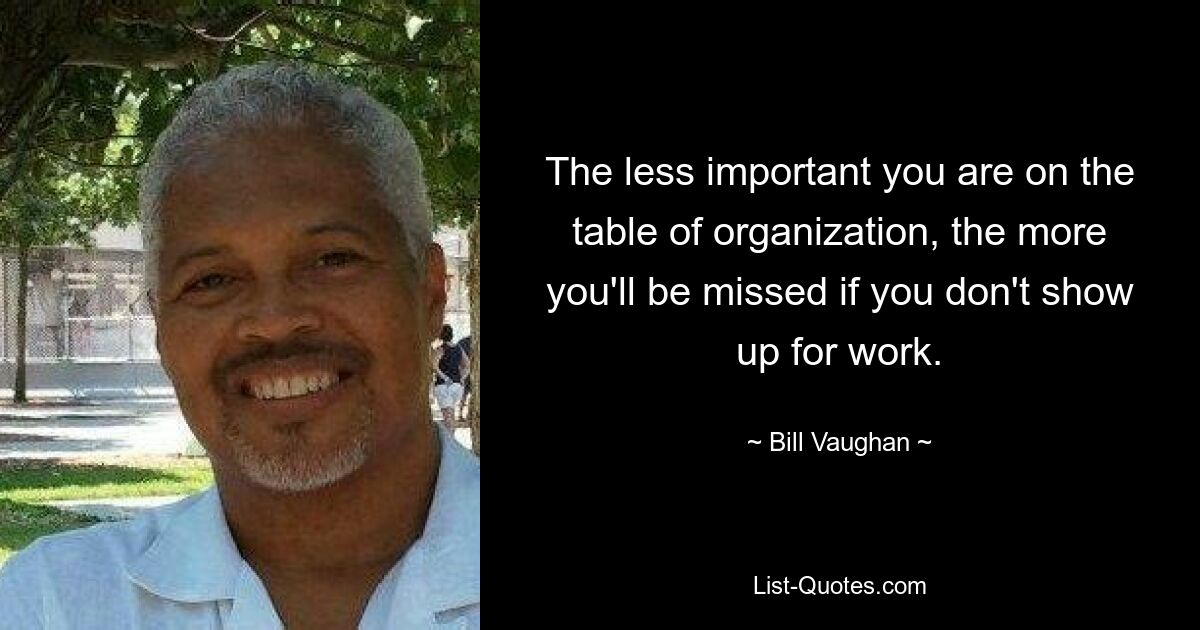 The less important you are on the table of organization, the more you'll be missed if you don't show up for work. — © Bill Vaughan