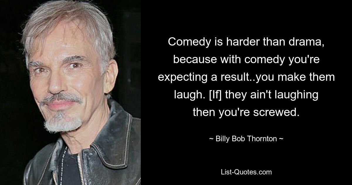 Comedy is harder than drama, because with comedy you're expecting a result..you make them laugh. [If] they ain't laughing then you're screwed. — © Billy Bob Thornton