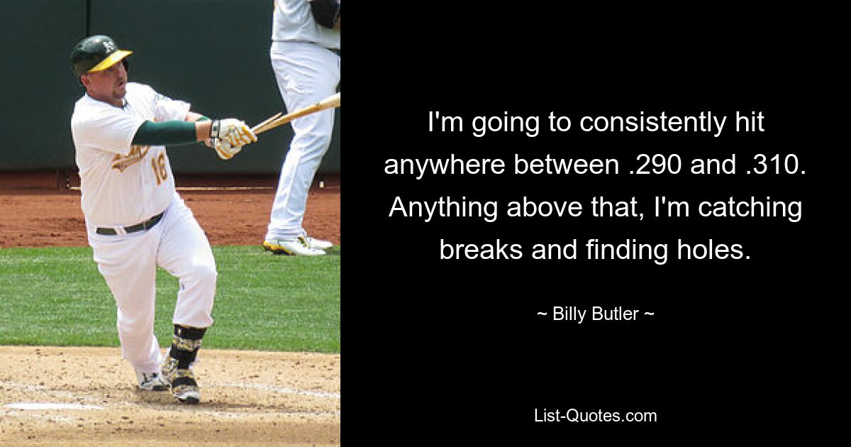 I'm going to consistently hit anywhere between .290 and .310. Anything above that, I'm catching breaks and finding holes. — © Billy Butler