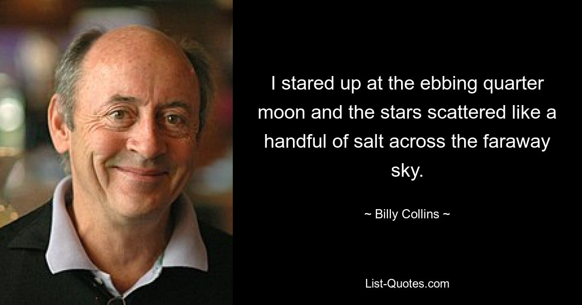 I stared up at the ebbing quarter moon and the stars scattered like a handful of salt across the faraway sky. — © Billy Collins