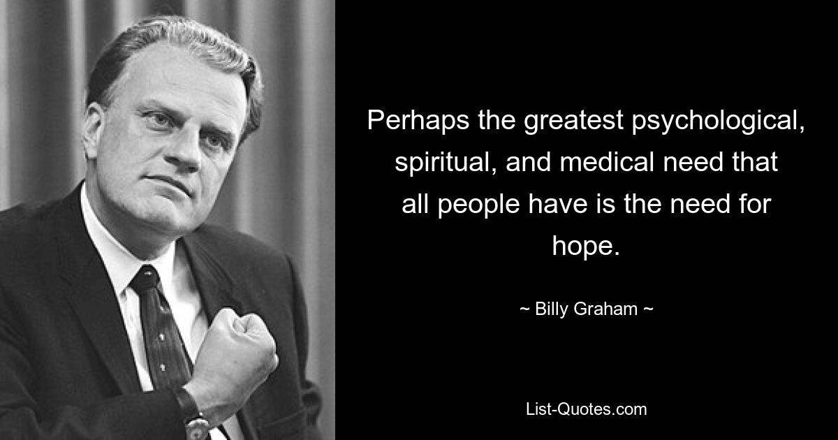 Perhaps the greatest psychological, spiritual, and medical need that all people have is the need for hope. — © Billy Graham