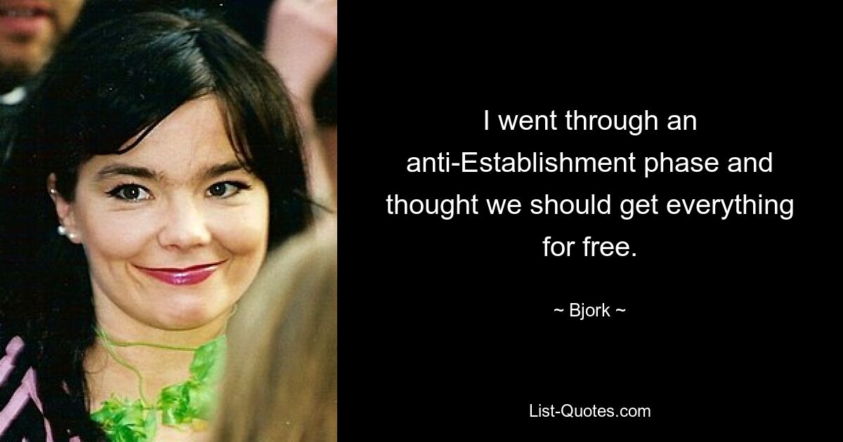 I went through an anti-Establishment phase and thought we should get everything for free. — © Bjork