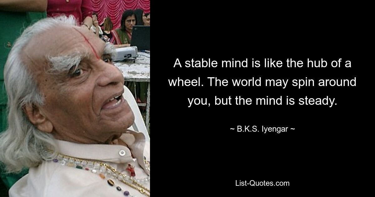 A stable mind is like the hub of a wheel. The world may spin around you, but the mind is steady. — © B.K.S. Iyengar