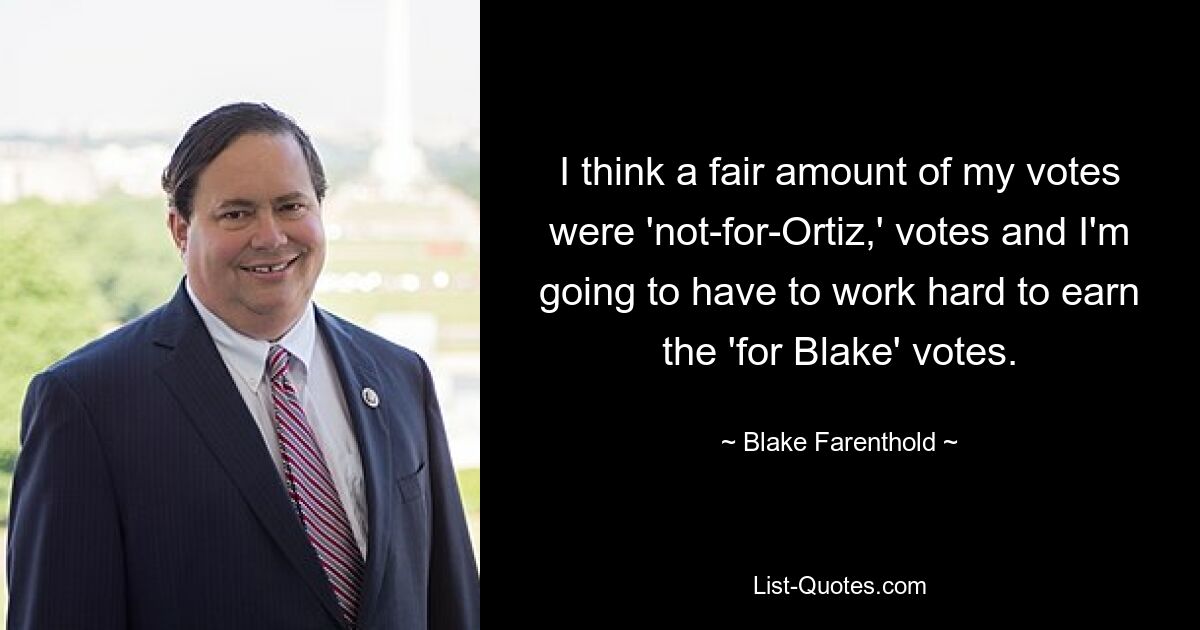 I think a fair amount of my votes were 'not-for-Ortiz,' votes and I'm going to have to work hard to earn the 'for Blake' votes. — © Blake Farenthold