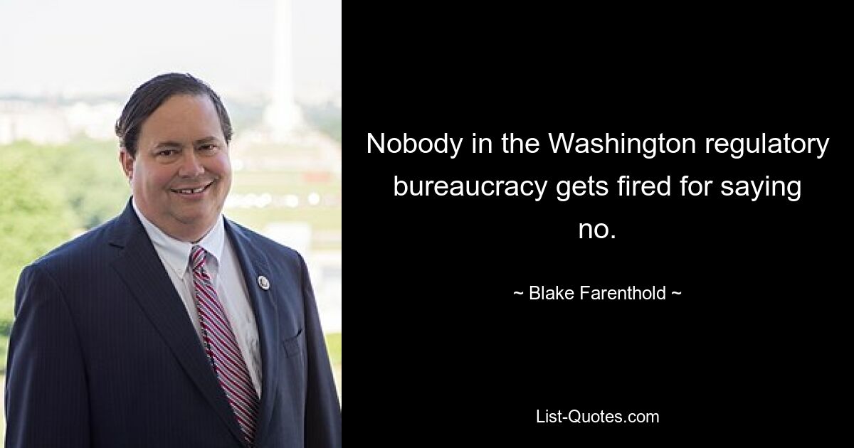 Nobody in the Washington regulatory bureaucracy gets fired for saying no. — © Blake Farenthold