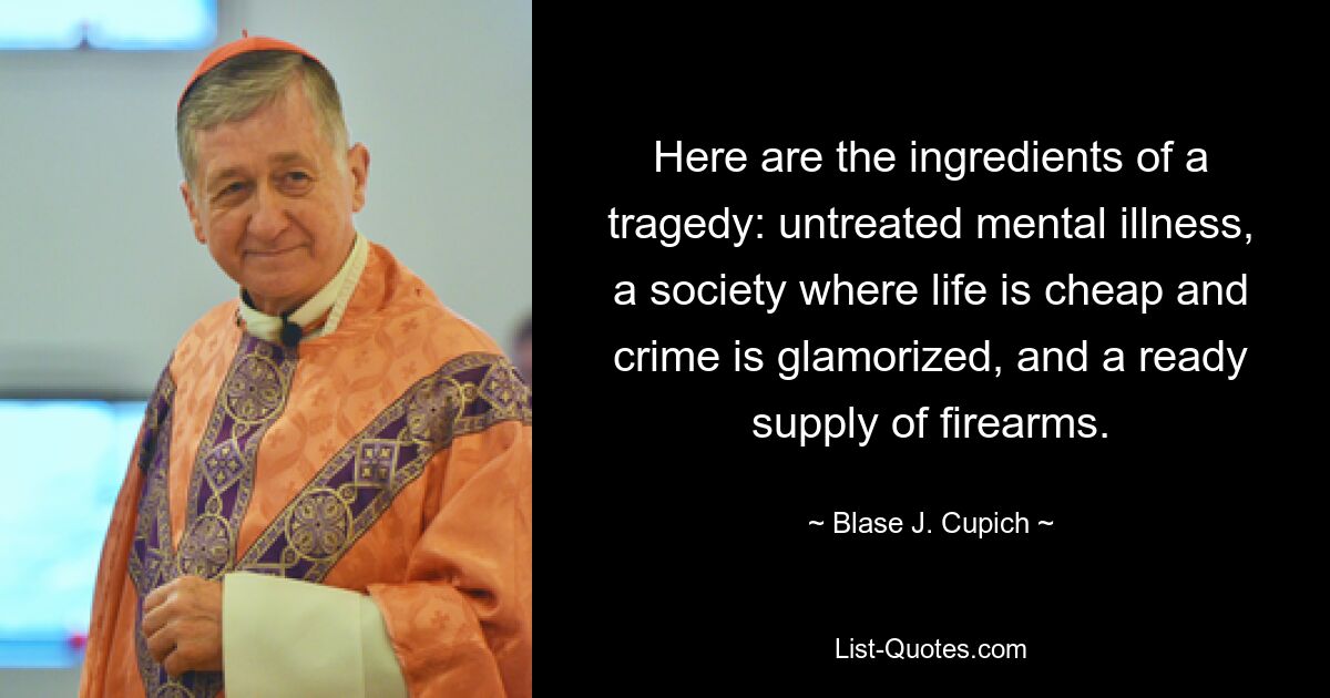 Here are the ingredients of a tragedy: untreated mental illness, a society where life is cheap and crime is glamorized, and a ready supply of firearms. — © Blase J. Cupich