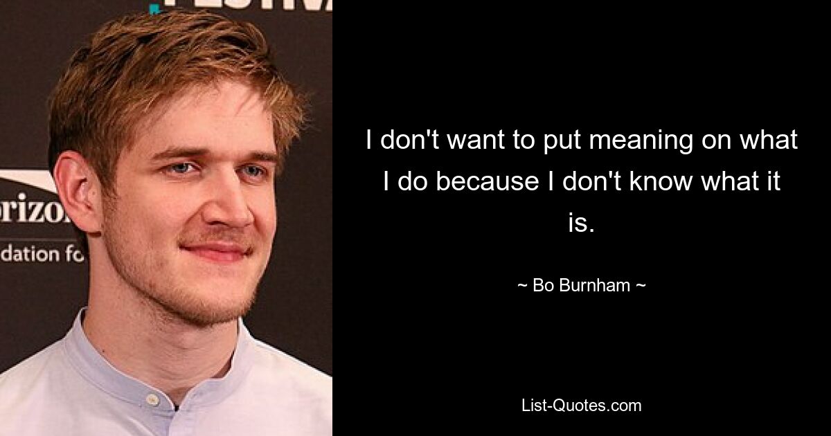 I don't want to put meaning on what I do because I don't know what it is. — © Bo Burnham