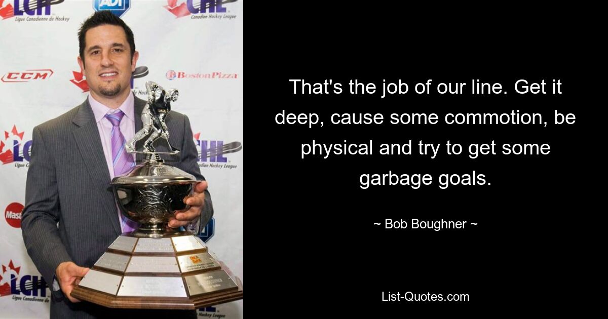 That's the job of our line. Get it deep, cause some commotion, be physical and try to get some garbage goals. — © Bob Boughner