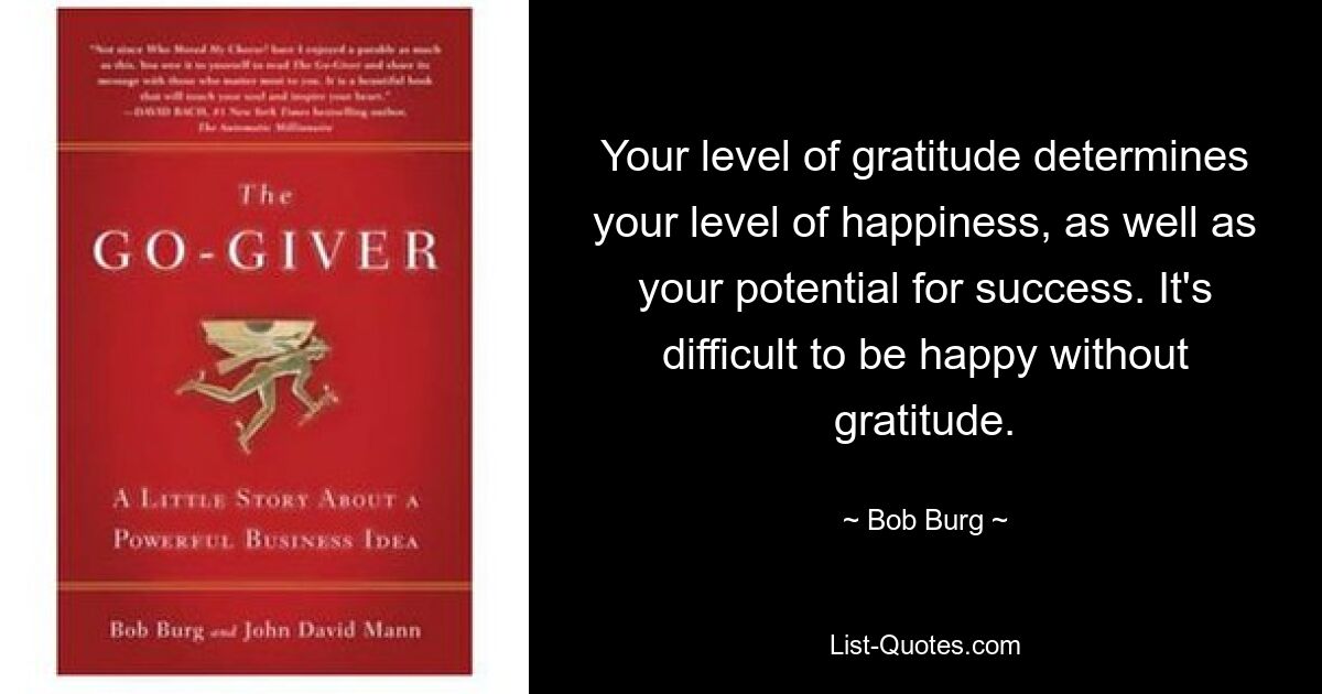 Your level of gratitude determines your level of happiness, as well as your potential for success. It's difficult to be happy without gratitude. — © Bob Burg