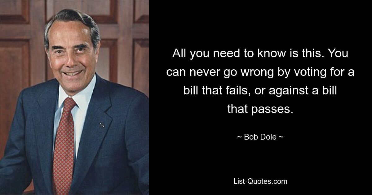 All you need to know is this. You can never go wrong by voting for a bill that fails, or against a bill that passes. — © Bob Dole