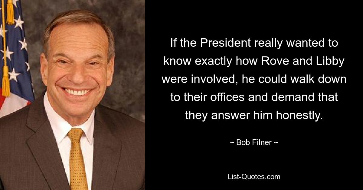 If the President really wanted to know exactly how Rove and Libby were involved, he could walk down to their offices and demand that they answer him honestly. — © Bob Filner