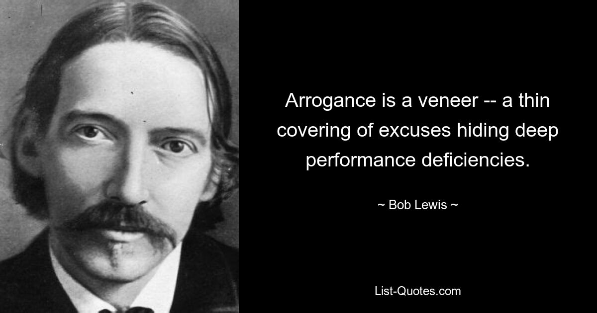 Arrogance is a veneer -- a thin covering of excuses hiding deep performance deficiencies. — © Bob Lewis