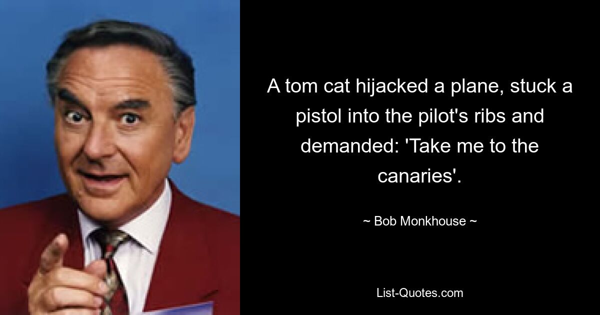 A tom cat hijacked a plane, stuck a pistol into the pilot's ribs and demanded: 'Take me to the canaries'. — © Bob Monkhouse