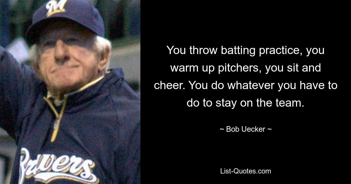 You throw batting practice, you warm up pitchers, you sit and cheer. You do whatever you have to do to stay on the team. — © Bob Uecker