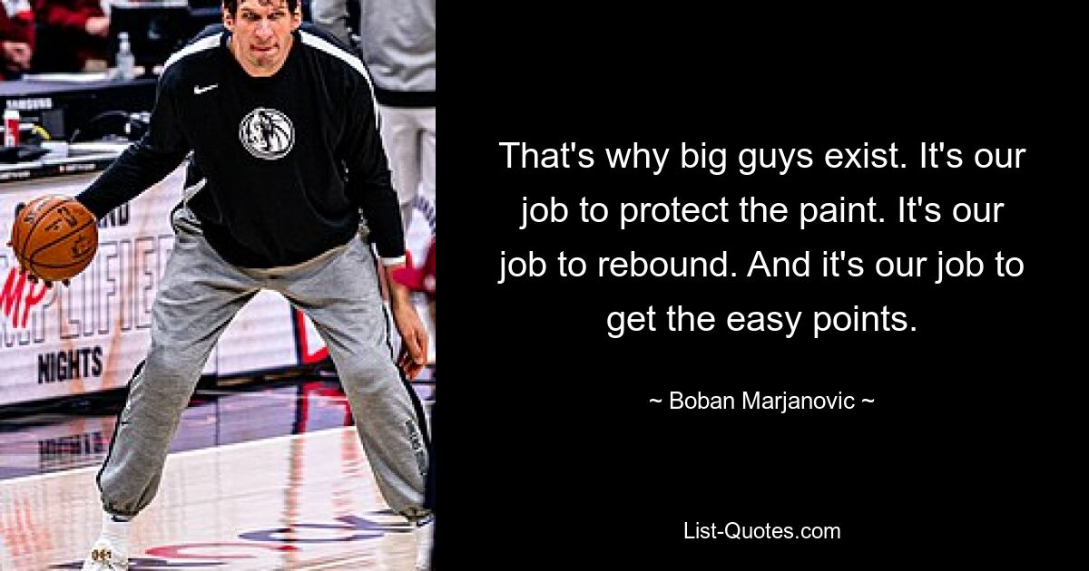 That's why big guys exist. It's our job to protect the paint. It's our job to rebound. And it's our job to get the easy points. — © Boban Marjanovic