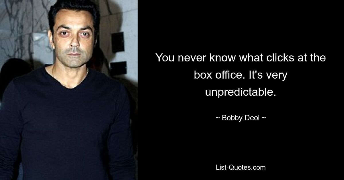 You never know what clicks at the box office. It's very unpredictable. — © Bobby Deol