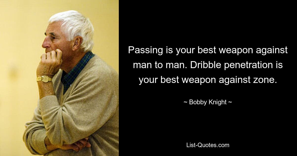 Passing is your best weapon against man to man. Dribble penetration is your best weapon against zone. — © Bobby Knight