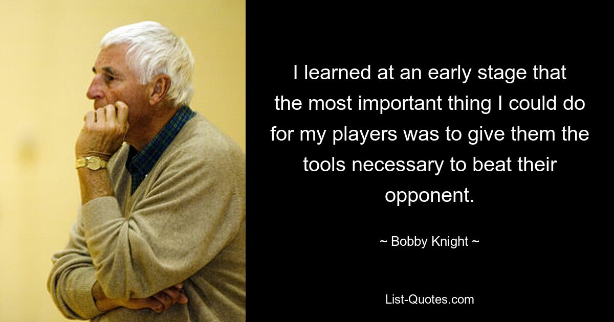 I learned at an early stage that the most important thing I could do for my players was to give them the tools necessary to beat their opponent. — © Bobby Knight