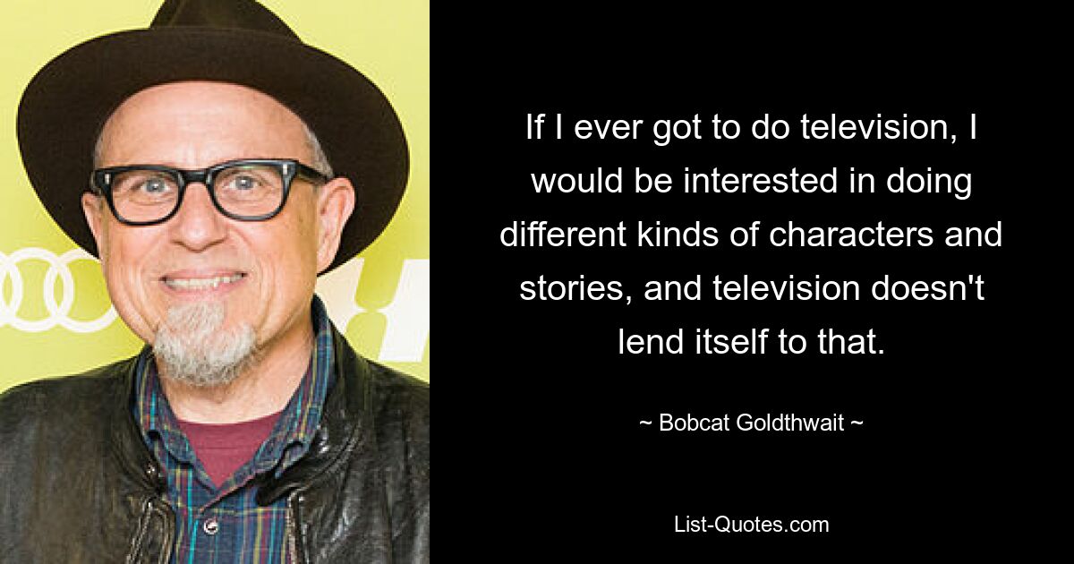 If I ever got to do television, I would be interested in doing different kinds of characters and stories, and television doesn't lend itself to that. — © Bobcat Goldthwait