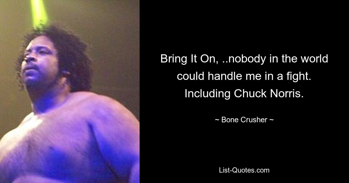 Bring It On, ..nobody in the world could handle me in a fight. Including Chuck Norris. — © Bone Crusher