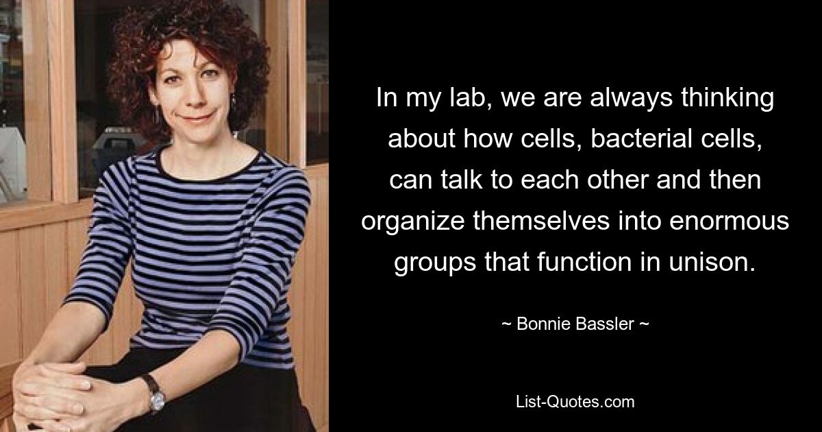 In my lab, we are always thinking about how cells, bacterial cells, can talk to each other and then organize themselves into enormous groups that function in unison. — © Bonnie Bassler