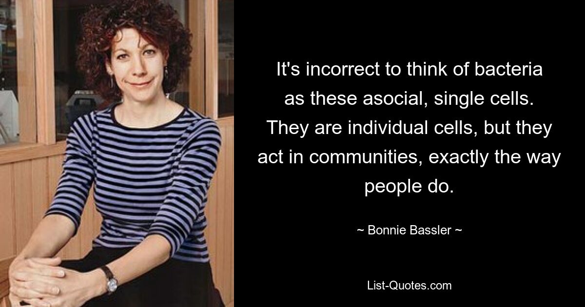 It's incorrect to think of bacteria as these asocial, single cells. They are individual cells, but they act in communities, exactly the way people do. — © Bonnie Bassler