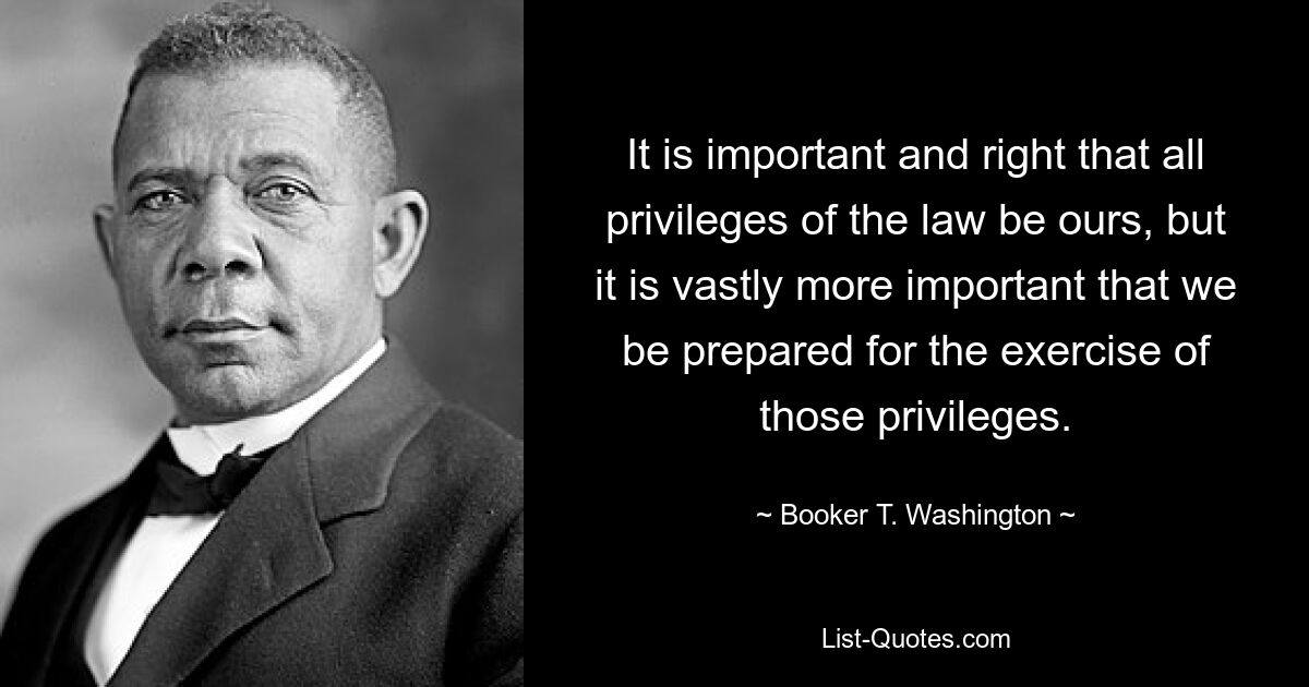 It is important and right that all privileges of the law be ours, but it is vastly more important that we be prepared for the exercise of those privileges. — © Booker T. Washington