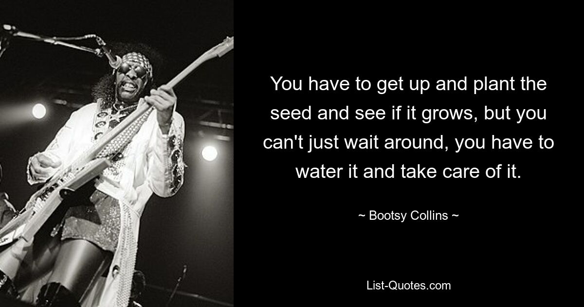 You have to get up and plant the seed and see if it grows, but you can't just wait around, you have to water it and take care of it. — © Bootsy Collins